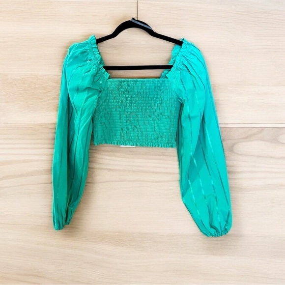 Mainstrip Tops - Mainstrip Sequin Smoking Crop Top, Size M, Green, Shirred Top, Long Slee…